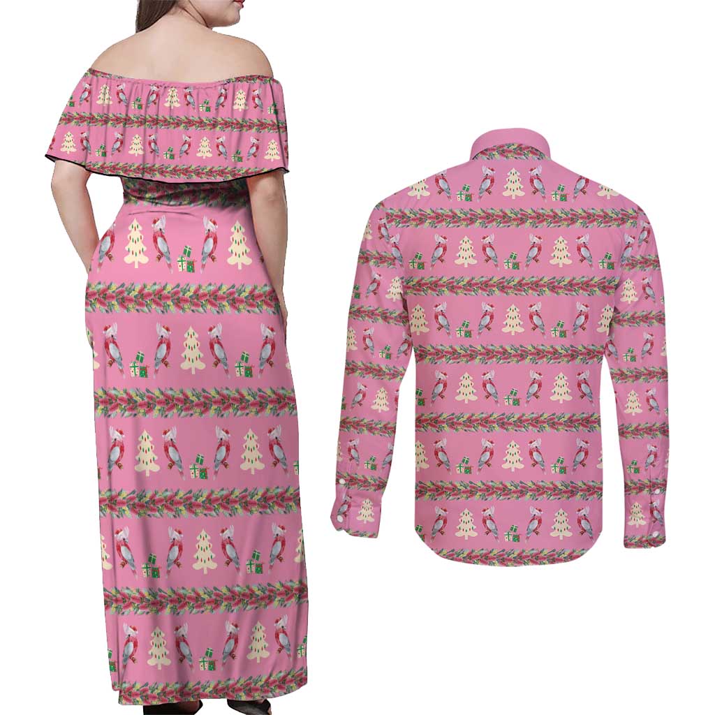 Australia Pink Galah Christmas Couples Matching Off Shoulder Maxi Dress and Long Sleeve Button Shirt Eolophus Roseicapilla Bottlebrush Seamless - Aussie Hoodie