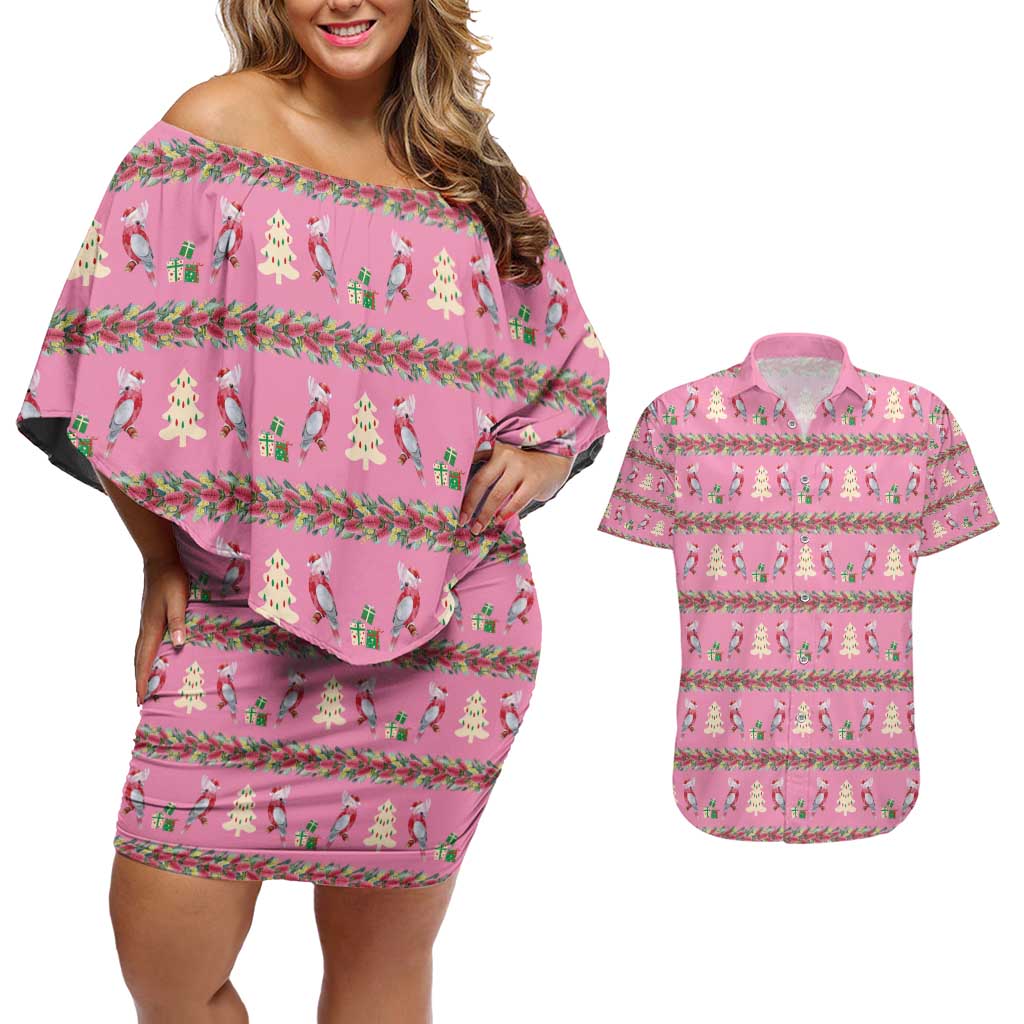 Australia Pink Galah Christmas Couples Matching Off Shoulder Short Dress and Hawaiian Shirt Eolophus Roseicapilla Bottlebrush Seamless - Aussie Hoodie