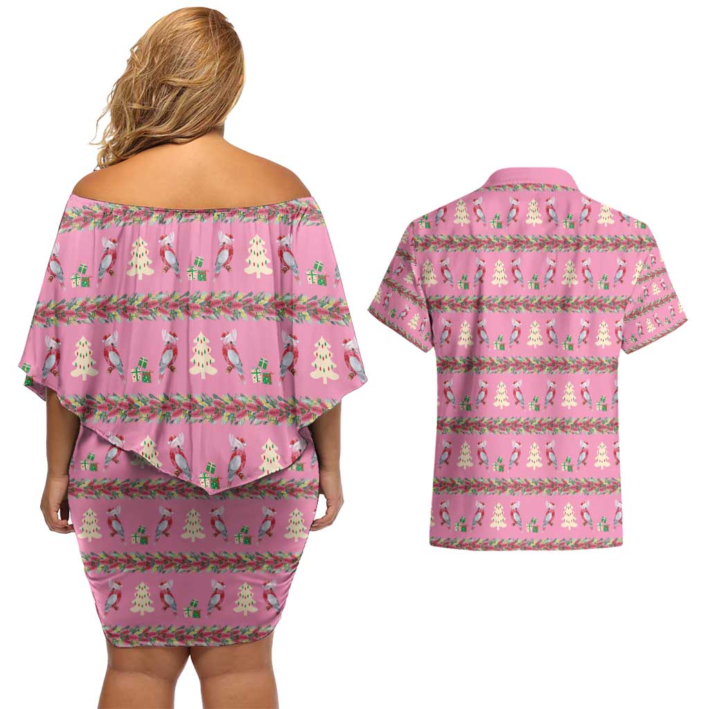 Australia Pink Galah Christmas Couples Matching Off Shoulder Short Dress and Hawaiian Shirt Eolophus Roseicapilla Bottlebrush Seamless - Aussie Hoodie