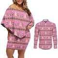 Australia Pink Galah Christmas Couples Matching Off Shoulder Short Dress and Long Sleeve Button Shirt Eolophus Roseicapilla Bottlebrush Seamless - Aussie Hoodie
