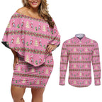 Australia Pink Galah Christmas Couples Matching Off Shoulder Short Dress and Long Sleeve Button Shirt Eolophus Roseicapilla Bottlebrush Seamless - Aussie Hoodie