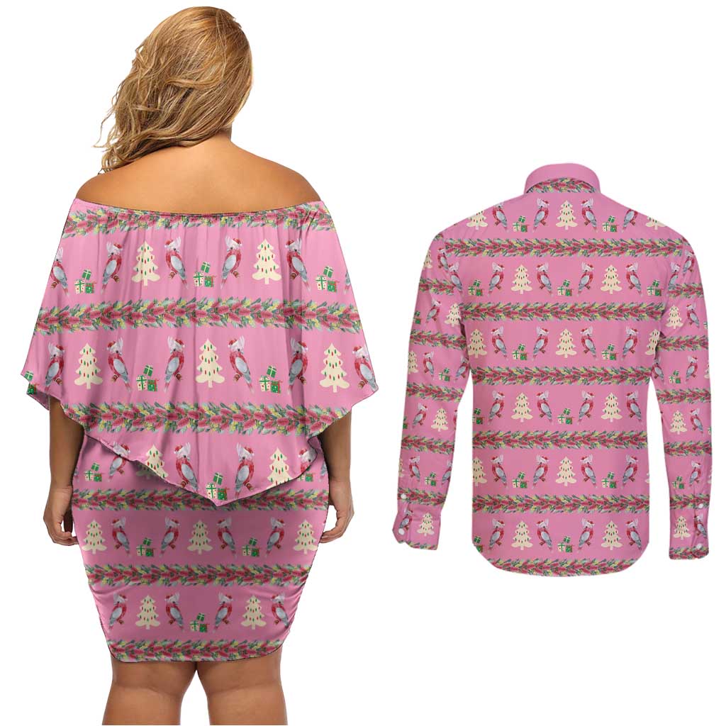 Australia Pink Galah Christmas Couples Matching Off Shoulder Short Dress and Long Sleeve Button Shirt Eolophus Roseicapilla Bottlebrush Seamless - Aussie Hoodie