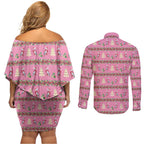Australia Pink Galah Christmas Couples Matching Off Shoulder Short Dress and Long Sleeve Button Shirt Eolophus Roseicapilla Bottlebrush Seamless - Aussie Hoodie