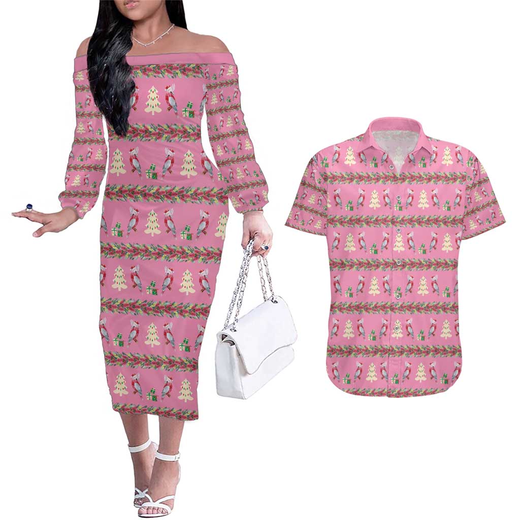 Australia Pink Galah Christmas Couples Matching Off The Shoulder Long Sleeve Dress and Hawaiian Shirt Eolophus Roseicapilla Bottlebrush Seamless - Aussie Hoodie