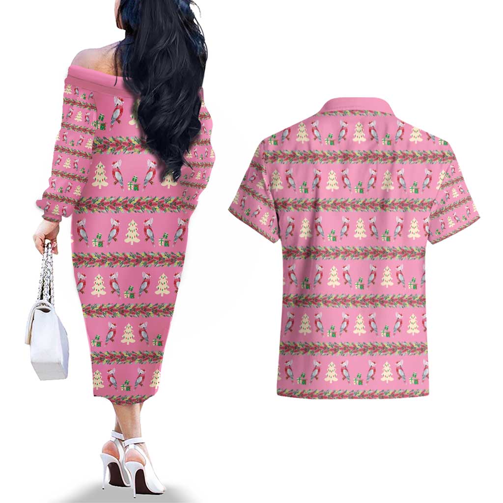Australia Pink Galah Christmas Couples Matching Off The Shoulder Long Sleeve Dress and Hawaiian Shirt Eolophus Roseicapilla Bottlebrush Seamless - Aussie Hoodie