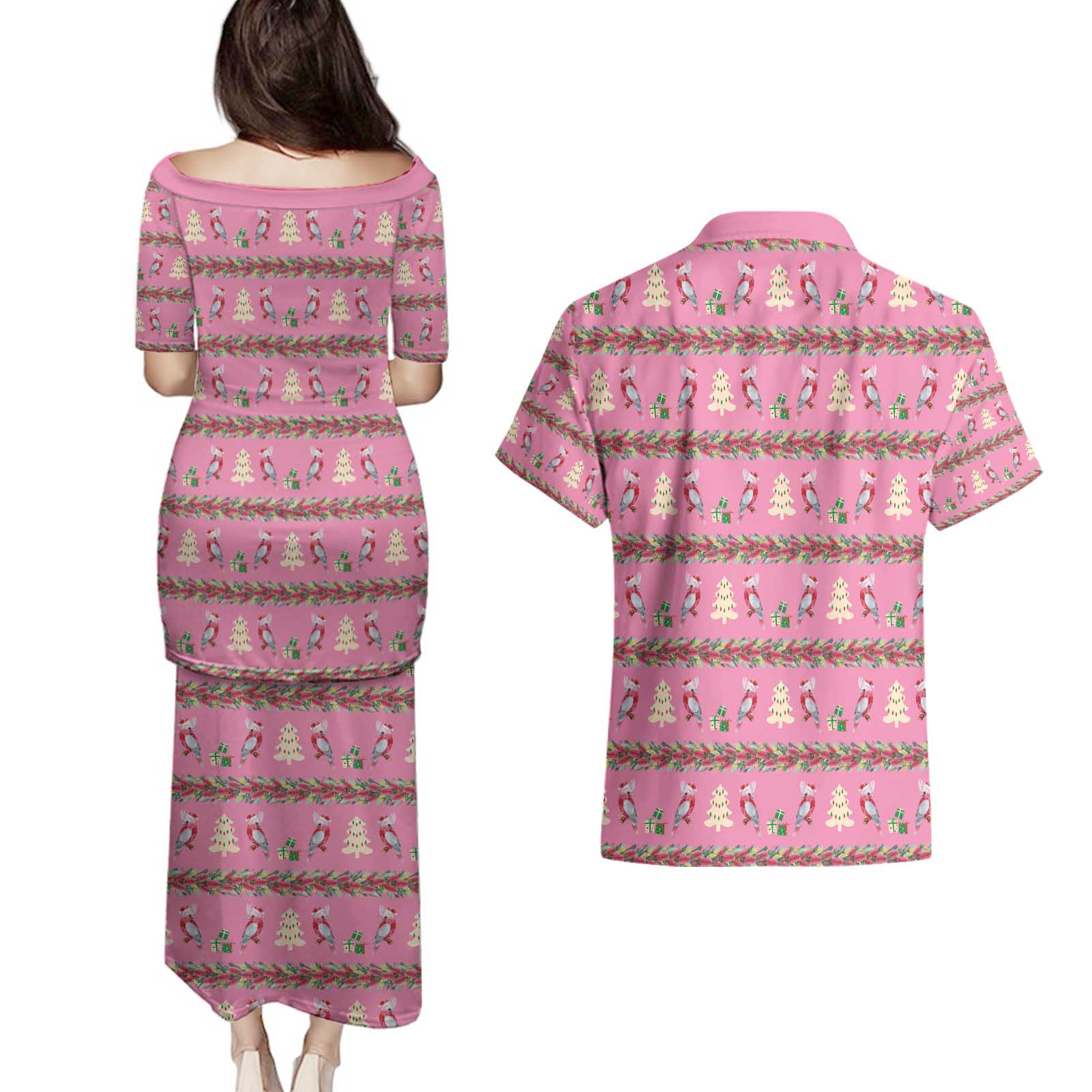Australia Pink Galah Christmas Couples Matching Puletasi and Hawaiian Shirt Eolophus Roseicapilla Bottlebrush Seamless - Aussie Hoodie