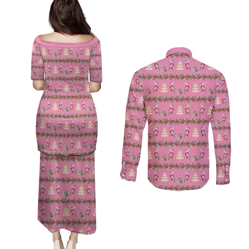 Australia Pink Galah Christmas Couples Matching Puletasi and Long Sleeve Button Shirt Eolophus Roseicapilla Bottlebrush Seamless - Aussie Hoodie