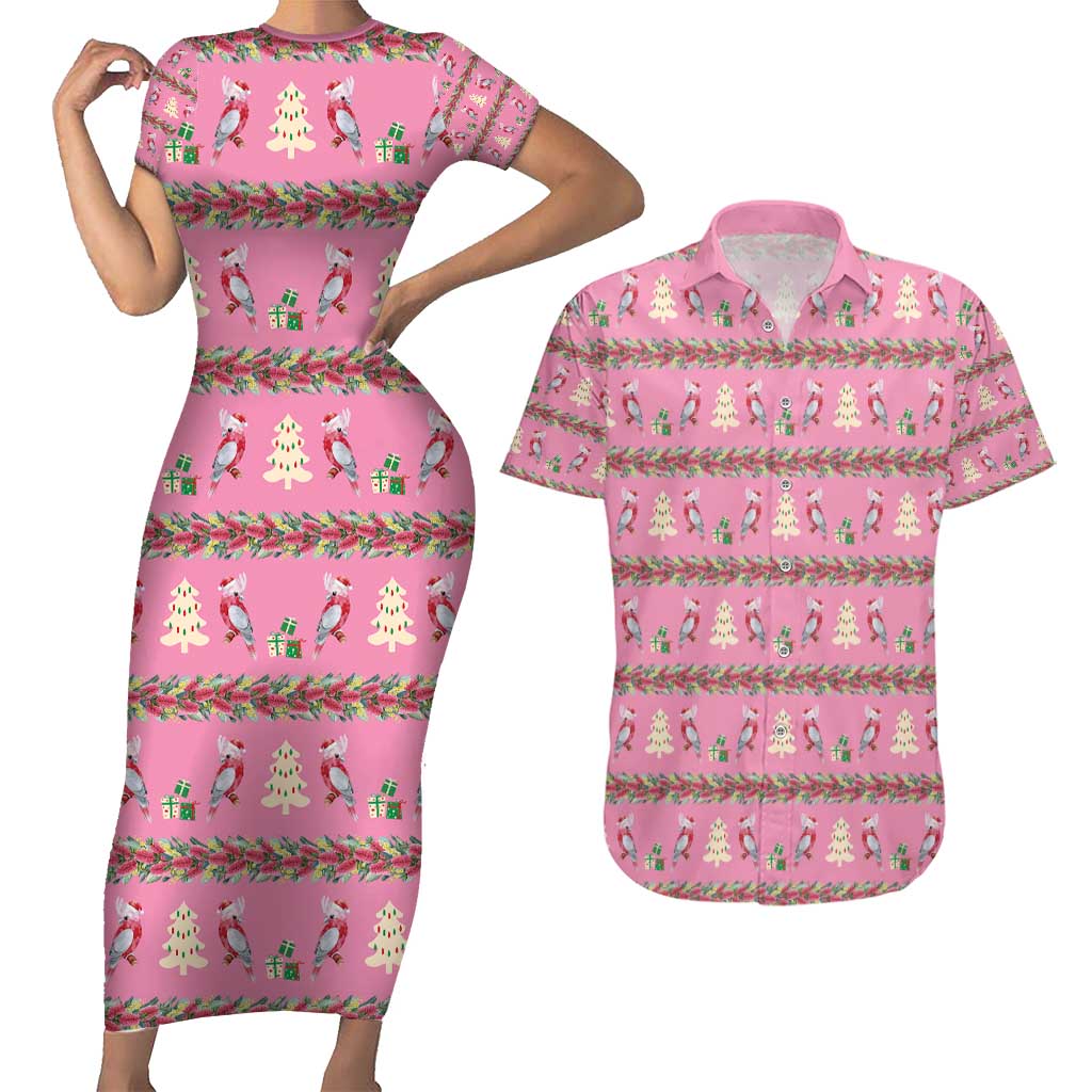 Australia Pink Galah Christmas Couples Matching Short Sleeve Bodycon Dress and Hawaiian Shirt Eolophus Roseicapilla Bottlebrush Seamless - Aussie Hoodie