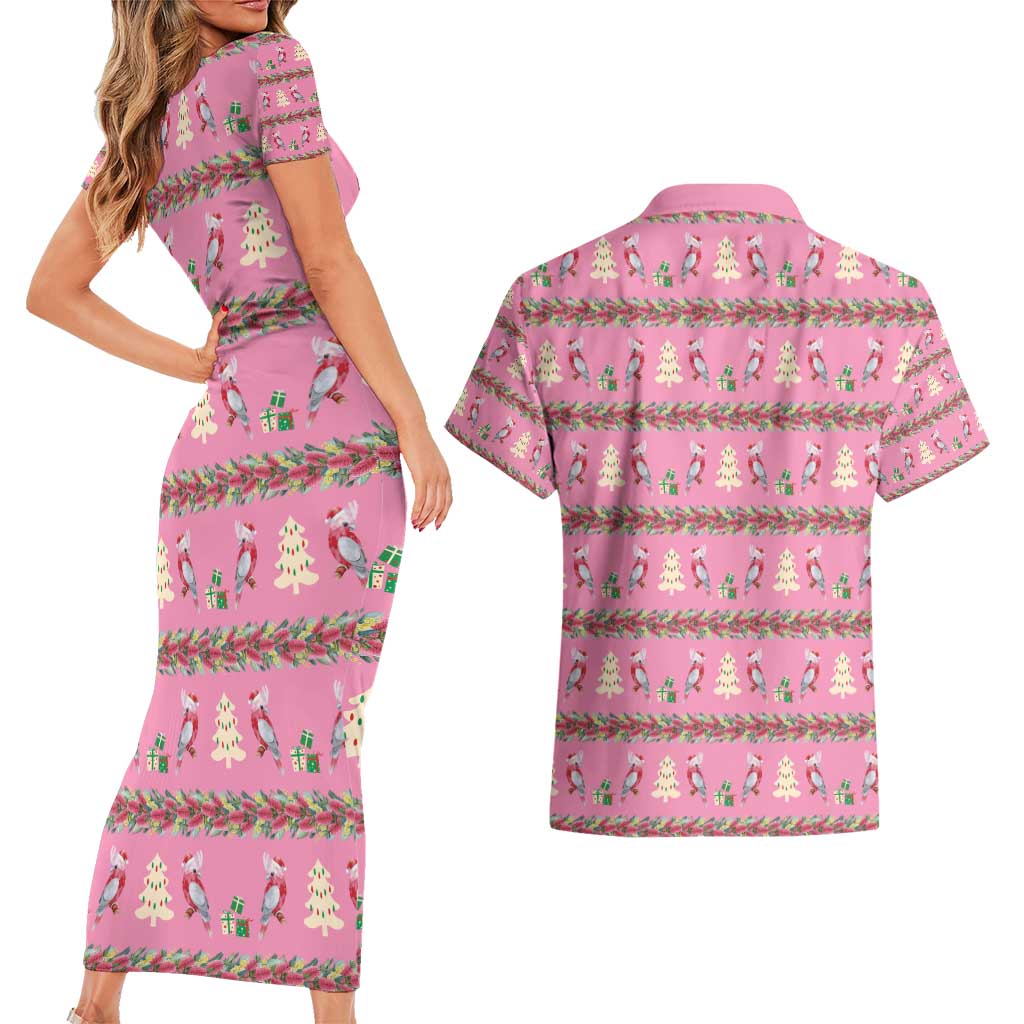 Australia Pink Galah Christmas Couples Matching Short Sleeve Bodycon Dress and Hawaiian Shirt Eolophus Roseicapilla Bottlebrush Seamless - Aussie Hoodie