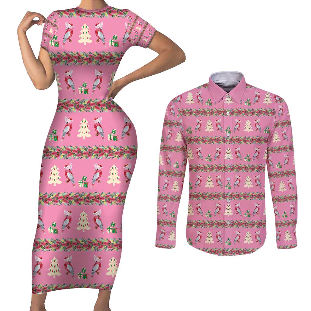 Australia Pink Galah Christmas Couples Matching Short Sleeve Bodycon Dress and Long Sleeve Button Shirt Eolophus Roseicapilla Bottlebrush Seamless - Aussie Hoodie