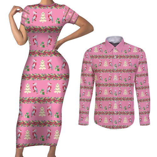 Australia Pink Galah Christmas Couples Matching Short Sleeve Bodycon Dress and Long Sleeve Button Shirt Eolophus Roseicapilla Bottlebrush Seamless - Aussie Hoodie