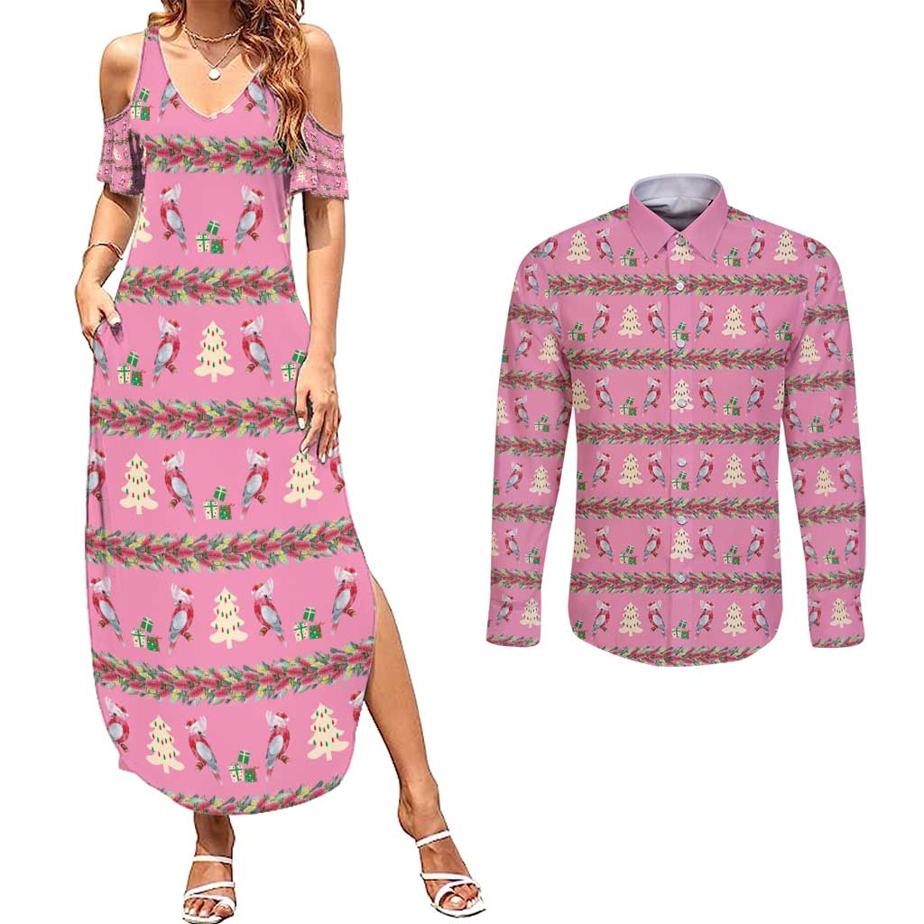 Australia Pink Galah Christmas Couples Matching Summer Maxi Dress and Long Sleeve Button Shirt Eolophus Roseicapilla Bottlebrush Seamless - Aussie Hoodie