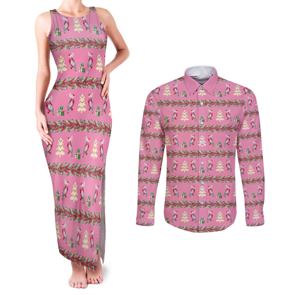 Australia Pink Galah Christmas Couples Matching Tank Maxi Dress and Long Sleeve Button Shirt Eolophus Roseicapilla Bottlebrush Seamless - Aussie Hoodie