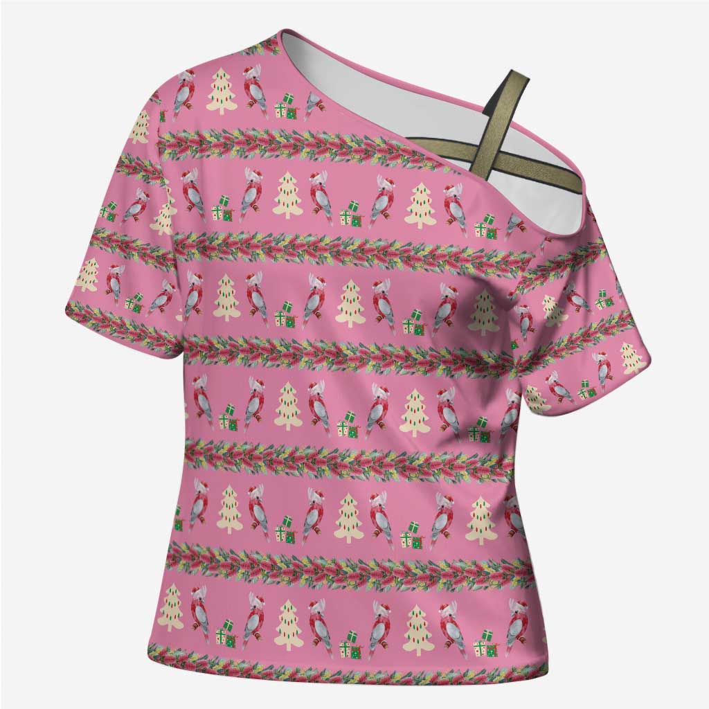Australia Pink Galah Christmas Cross Shoulder Shirt Eolophus Roseicapilla Bottlebrush Seamless - Aussie Hoodie