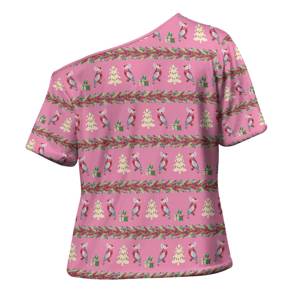 Australia Pink Galah Christmas Cross Shoulder Shirt Eolophus Roseicapilla Bottlebrush Seamless - Aussie Hoodie