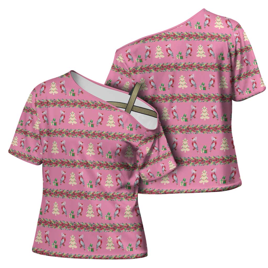 Australia Pink Galah Christmas Cross Shoulder Shirt Eolophus Roseicapilla Bottlebrush Seamless - Aussie Hoodie