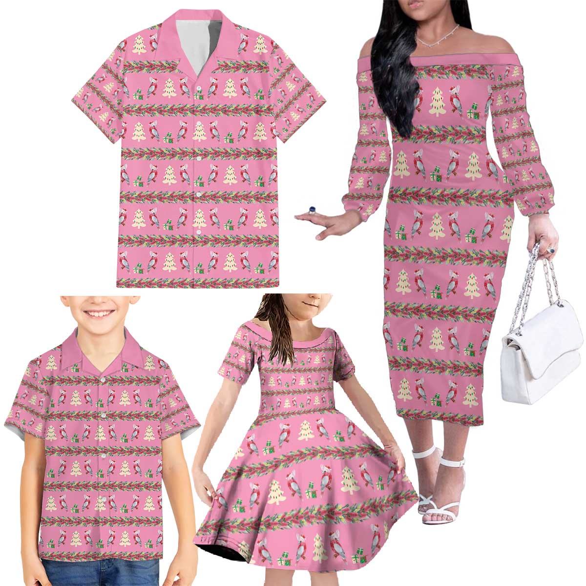 Australia Pink Galah Christmas Family Matching Off The Shoulder Long Sleeve Dress and Hawaiian Shirt Eolophus Roseicapilla Bottlebrush Seamless - Aussie Hoodie