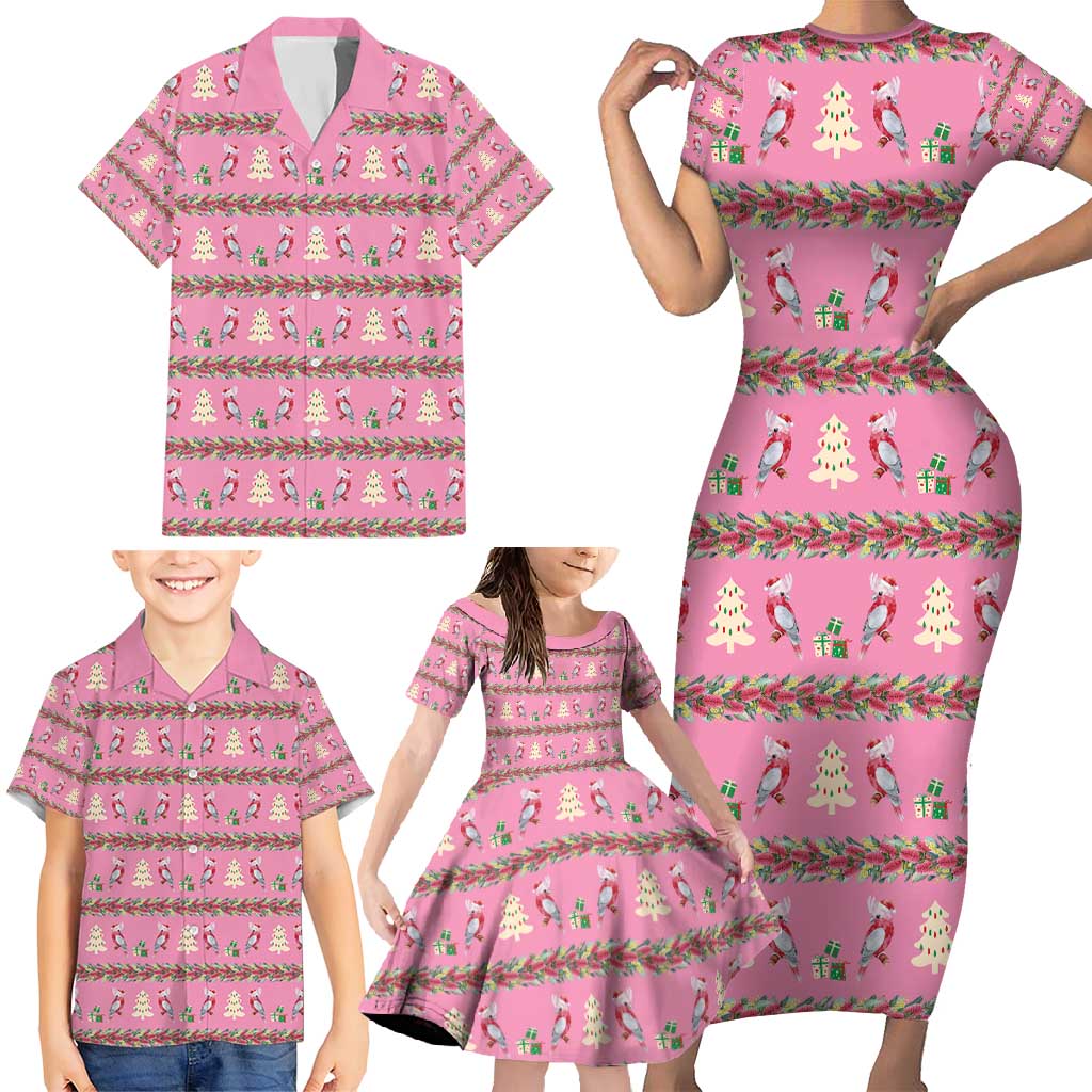 Australia Pink Galah Christmas Family Matching Short Sleeve Bodycon Dress and Hawaiian Shirt Eolophus Roseicapilla Bottlebrush Seamless - Aussie Hoodie