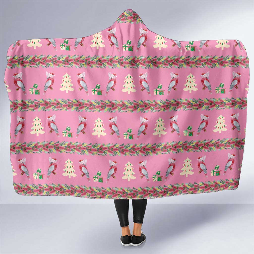 Australia Pink Galah Christmas Hooded Blanket Eolophus Roseicapilla Bottlebrush Seamless - Aussie Hoodie