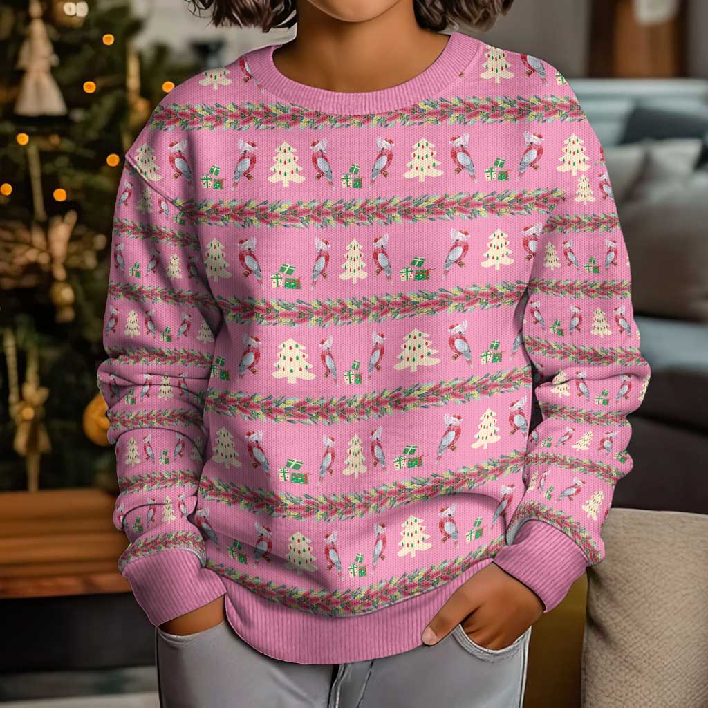 Australia Pink Galah Christmas Kid Ugly Christmas Sweater Eolophus Roseicapilla Bottlebrush Seamless - Aussie Hoodie