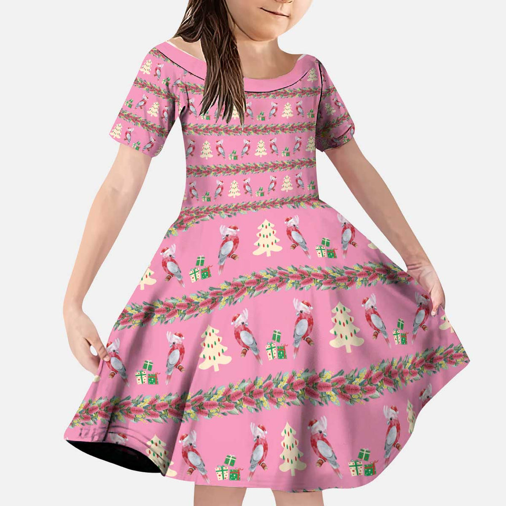Australia Pink Galah Christmas Kid Short Sleeve Dress Eolophus Roseicapilla Bottlebrush Seamless - Aussie Hoodie