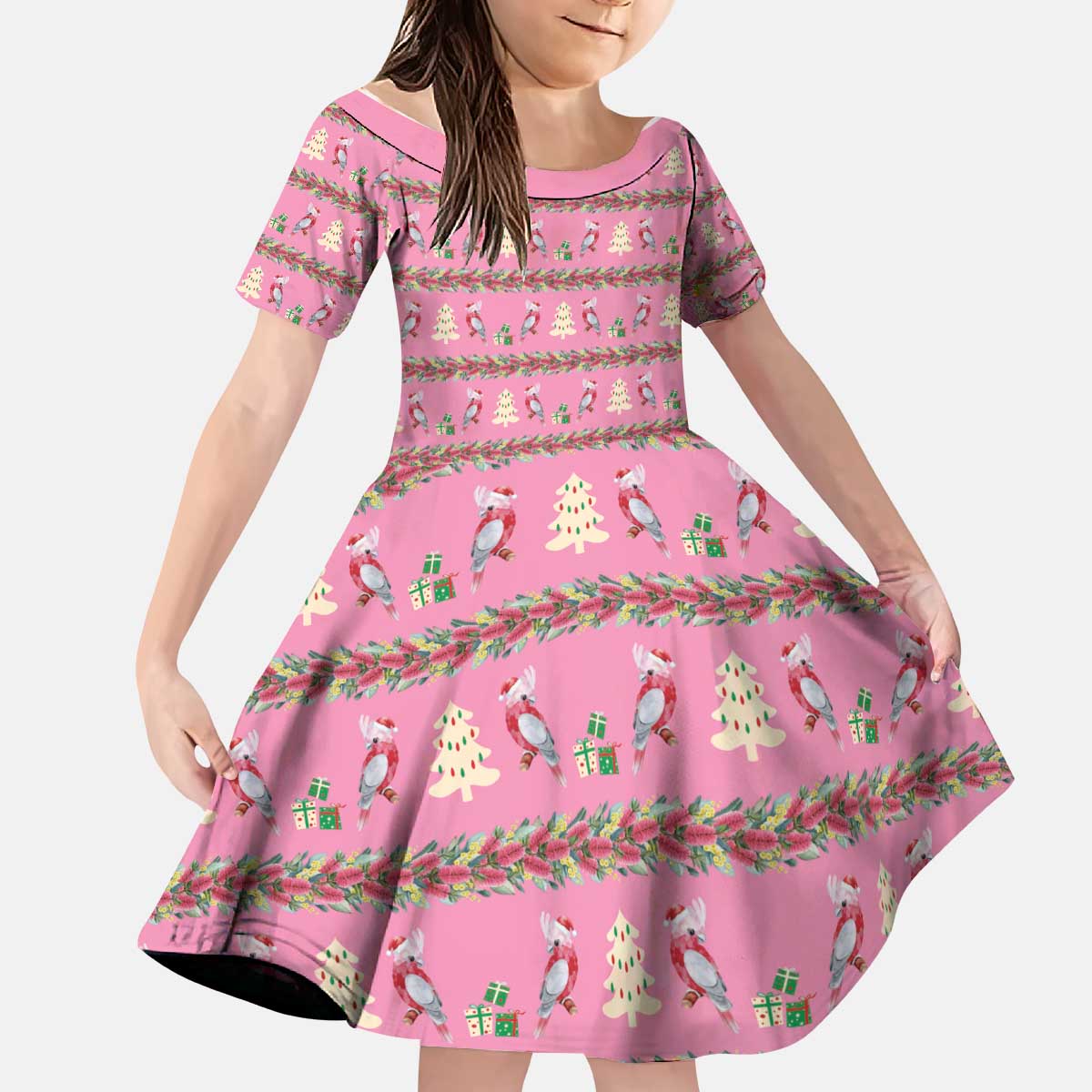 Australia Pink Galah Christmas Kid Short Sleeve Dress Eolophus Roseicapilla Bottlebrush Seamless - Aussie Hoodie
