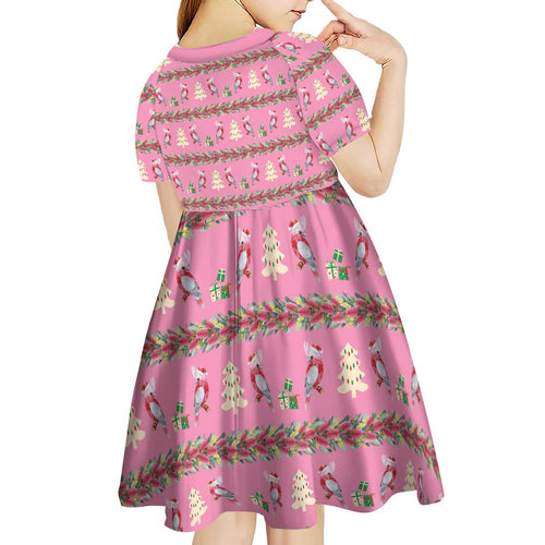 Australia Pink Galah Christmas Kid Short Sleeve Dress Eolophus Roseicapilla Bottlebrush Seamless - Aussie Hoodie