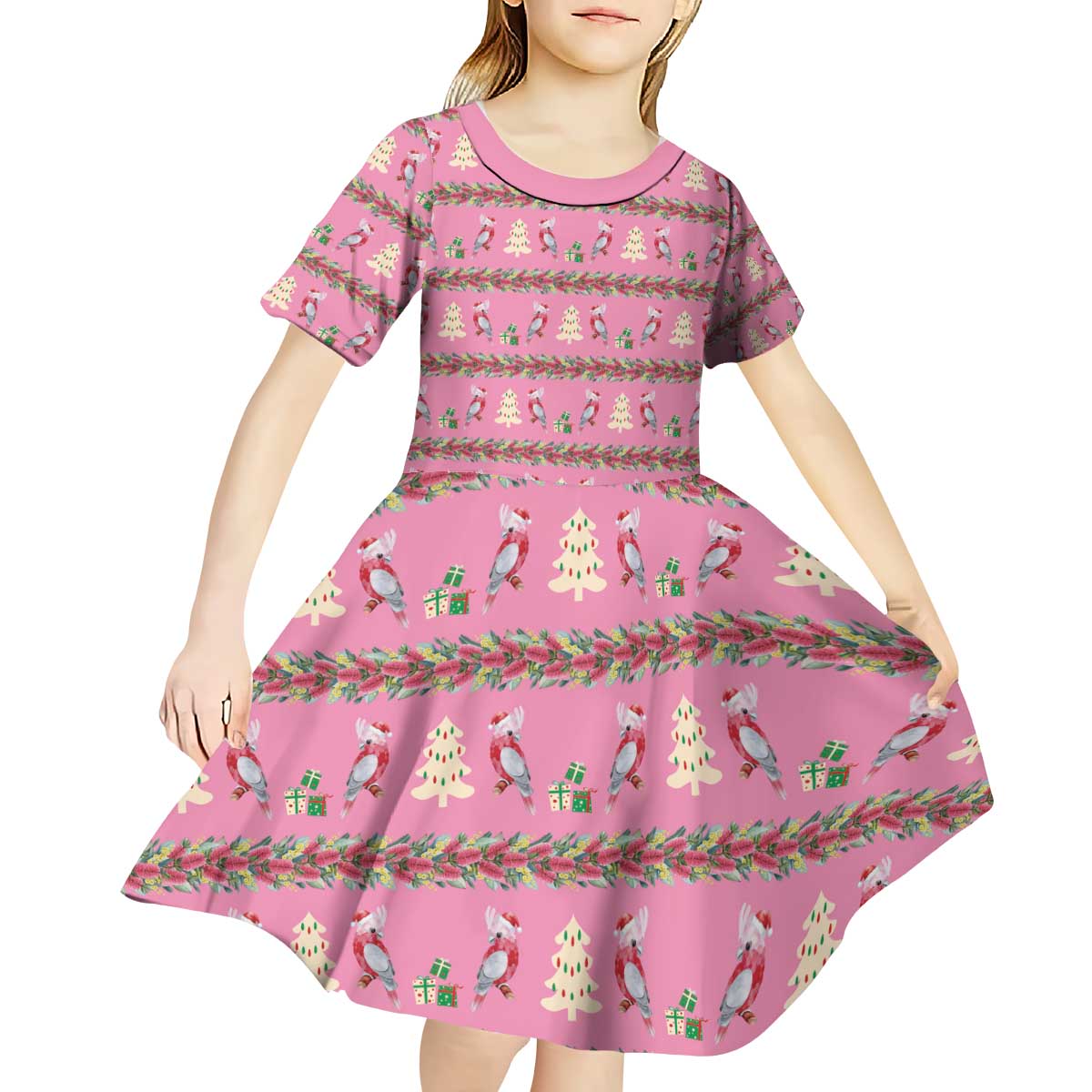 Australia Pink Galah Christmas Kid Short Sleeve Dress Eolophus Roseicapilla Bottlebrush Seamless - Aussie Hoodie