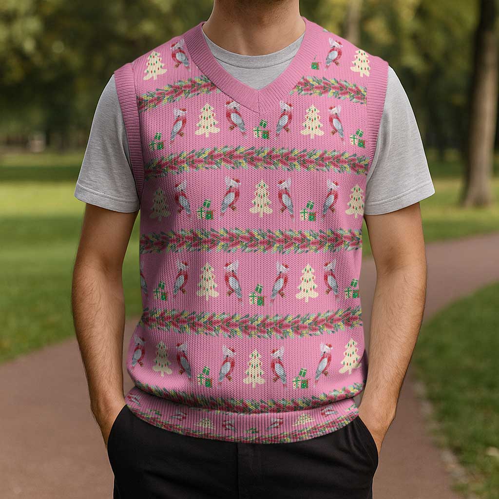 Australia Pink Galah Christmas Knitted V-Neck Vest Eolophus Roseicapilla Bottlebrush Seamless - Aussie Hoodie