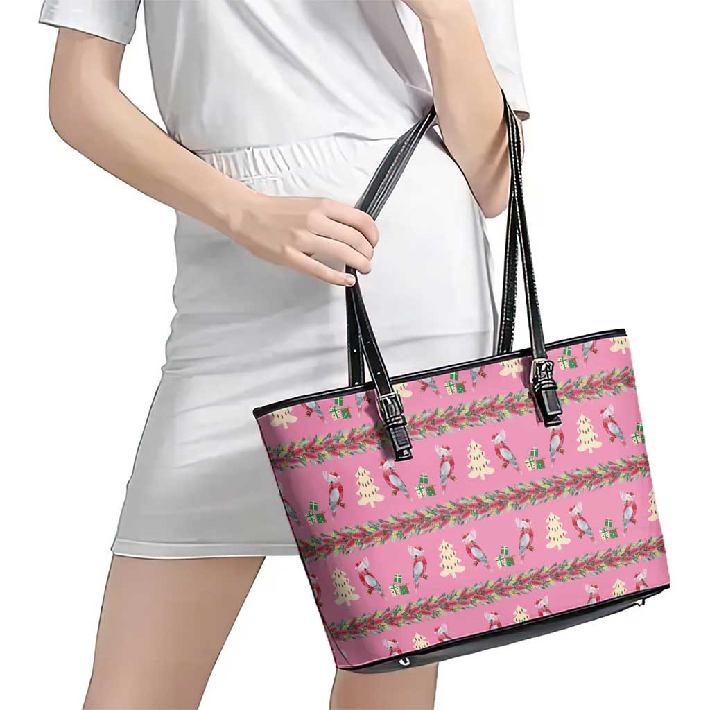 Australia Pink Galah Christmas Leather Tote Bag Eolophus Roseicapilla Bottlebrush Seamless - Aussie Hoodie