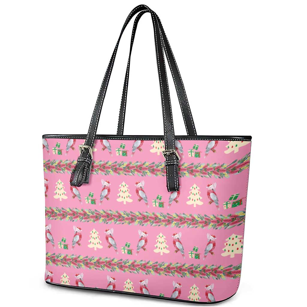 Australia Pink Galah Christmas Leather Tote Bag Eolophus Roseicapilla Bottlebrush Seamless - Aussie Hoodie