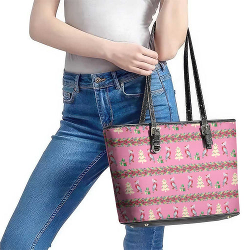 Australia Pink Galah Christmas Leather Tote Bag Eolophus Roseicapilla Bottlebrush Seamless - Aussie Hoodie