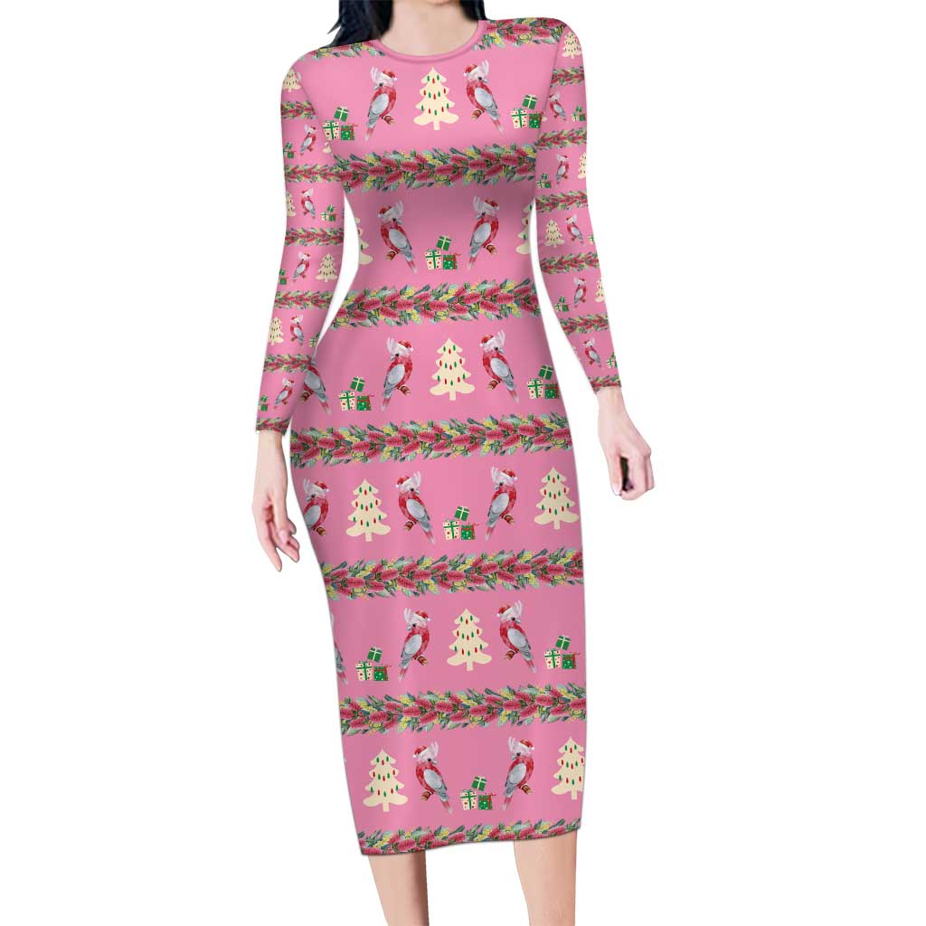 Australia Pink Galah Christmas Long Sleeve Bodycon Dress Eolophus Roseicapilla Bottlebrush Seamless - Aussie Hoodie
