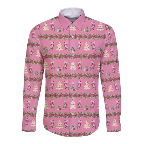 Australia Pink Galah Christmas Long Sleeve Button Shirt Eolophus Roseicapilla Bottlebrush Seamless - Aussie Hoodie