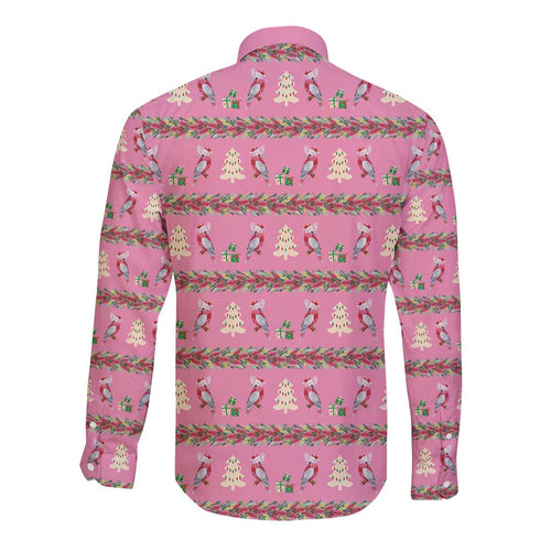 Australia Pink Galah Christmas Long Sleeve Button Shirt Eolophus Roseicapilla Bottlebrush Seamless - Aussie Hoodie
