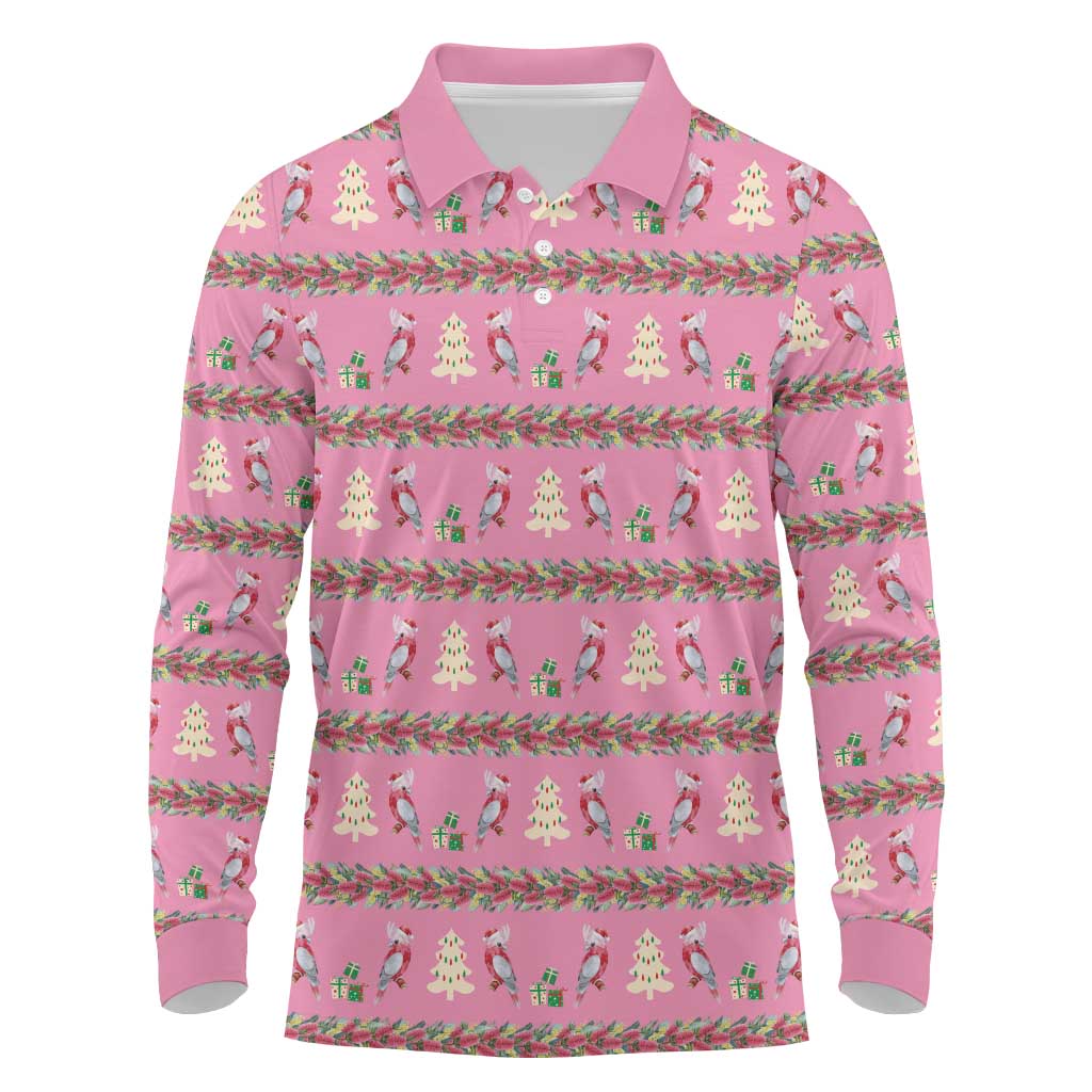 Australia Pink Galah Christmas Long Sleeve Polo Shirt Eolophus Roseicapilla Bottlebrush Seamless - Aussie Hoodie