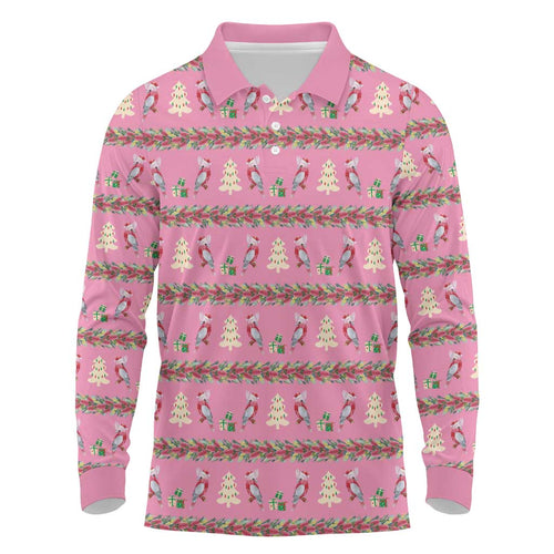 Australia Pink Galah Christmas Long Sleeve Polo Shirt Eolophus Roseicapilla Bottlebrush Seamless - Aussie Hoodie