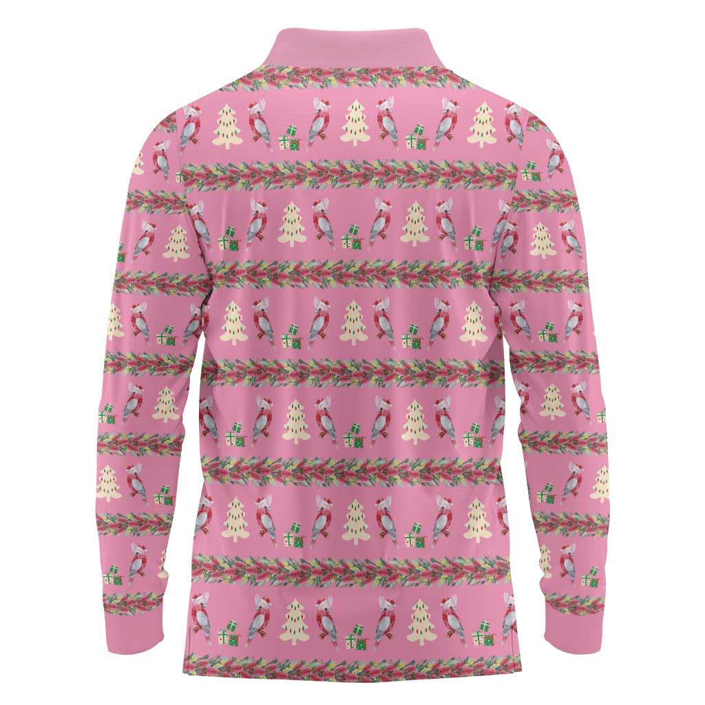 Australia Pink Galah Christmas Long Sleeve Polo Shirt Eolophus Roseicapilla Bottlebrush Seamless - Aussie Hoodie