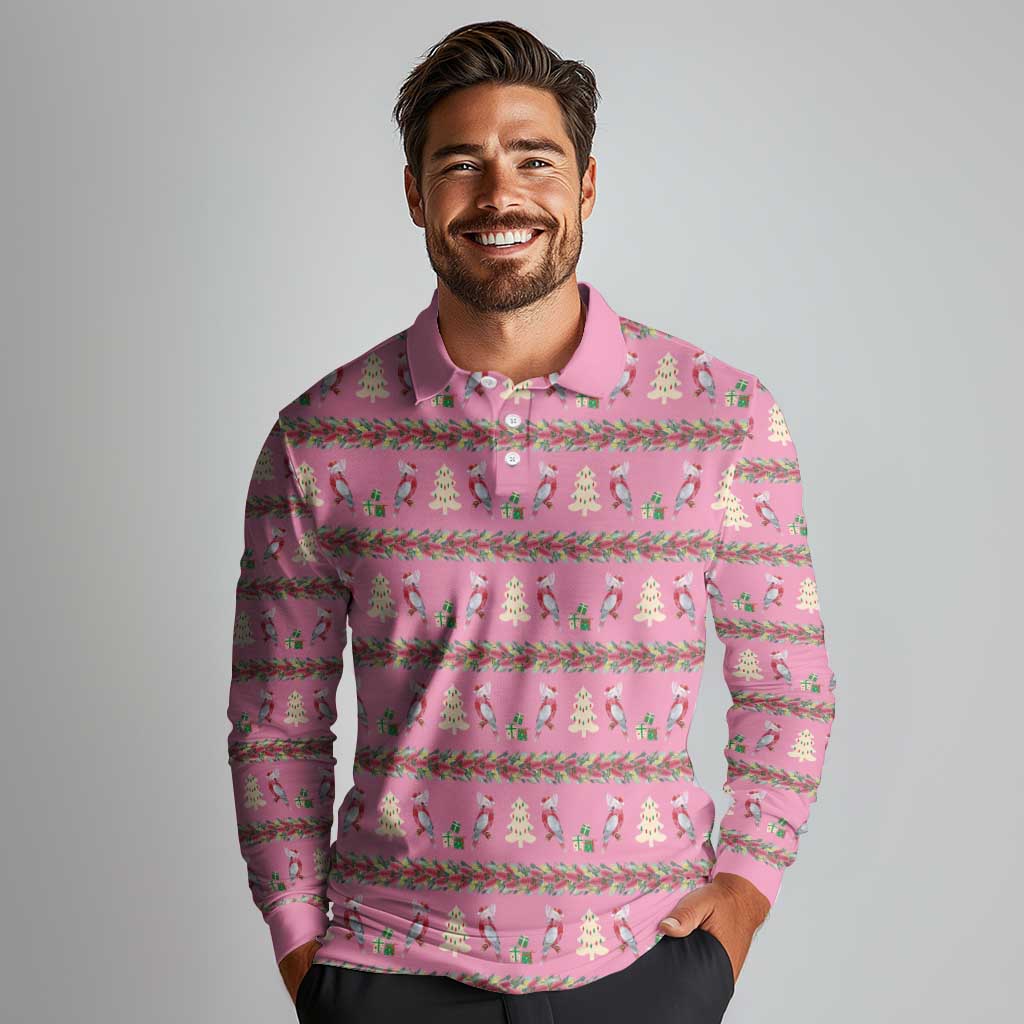 Australia Pink Galah Christmas Long Sleeve Polo Shirt Eolophus Roseicapilla Bottlebrush Seamless - Aussie Hoodie