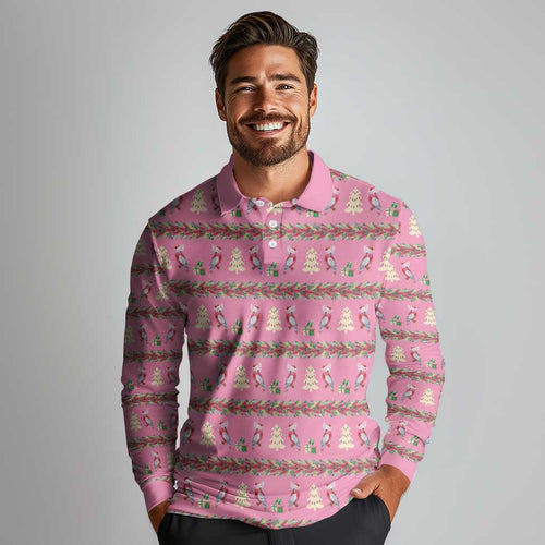 Australia Pink Galah Christmas Long Sleeve Polo Shirt Eolophus Roseicapilla Bottlebrush Seamless - Aussie Hoodie