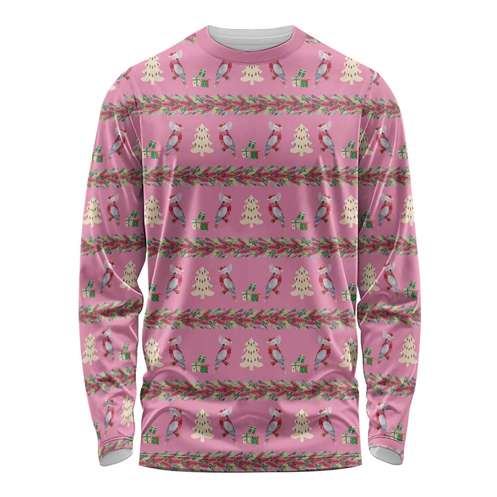 Australia Pink Galah Christmas Long Sleeve Shirt Eolophus Roseicapilla Bottlebrush Seamless - Aussie Hoodie