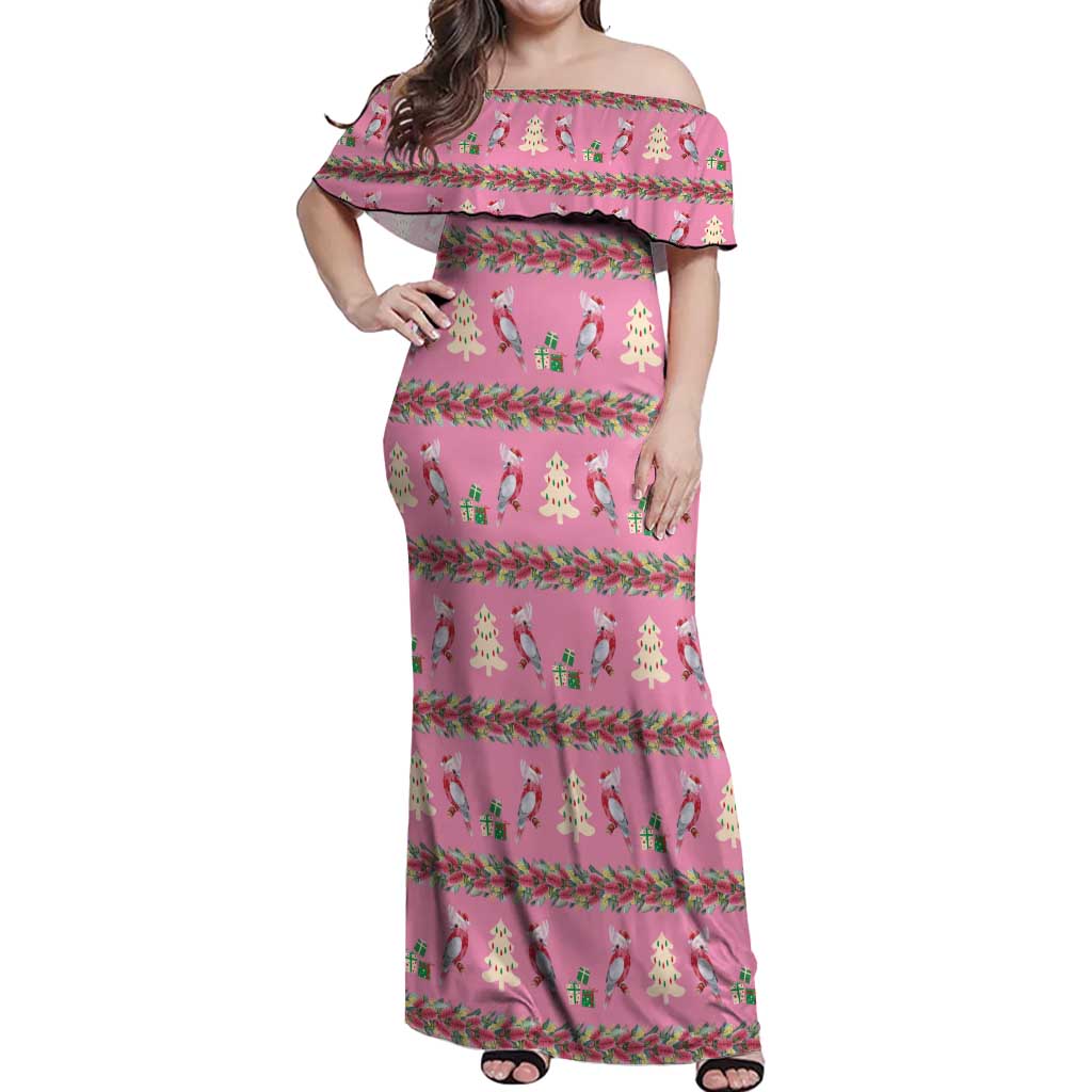 Australia Pink Galah Christmas Off Shoulder Maxi Dress Eolophus Roseicapilla Bottlebrush Seamless - Aussie Hoodie