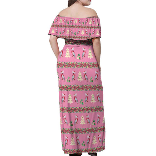 Australia Pink Galah Christmas Off Shoulder Maxi Dress Eolophus Roseicapilla Bottlebrush Seamless - Aussie Hoodie