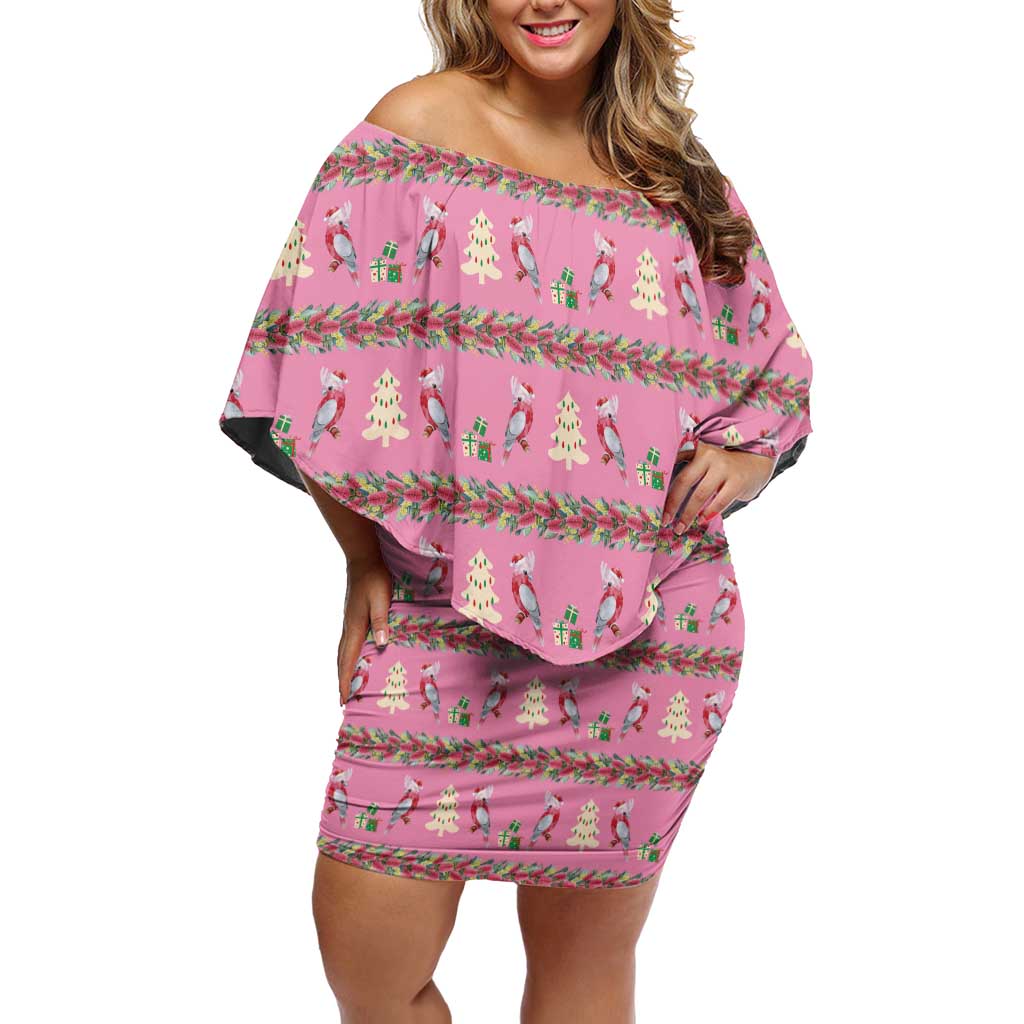 Australia Pink Galah Christmas Off Shoulder Short Dress Eolophus Roseicapilla Bottlebrush Seamless - Aussie Hoodie