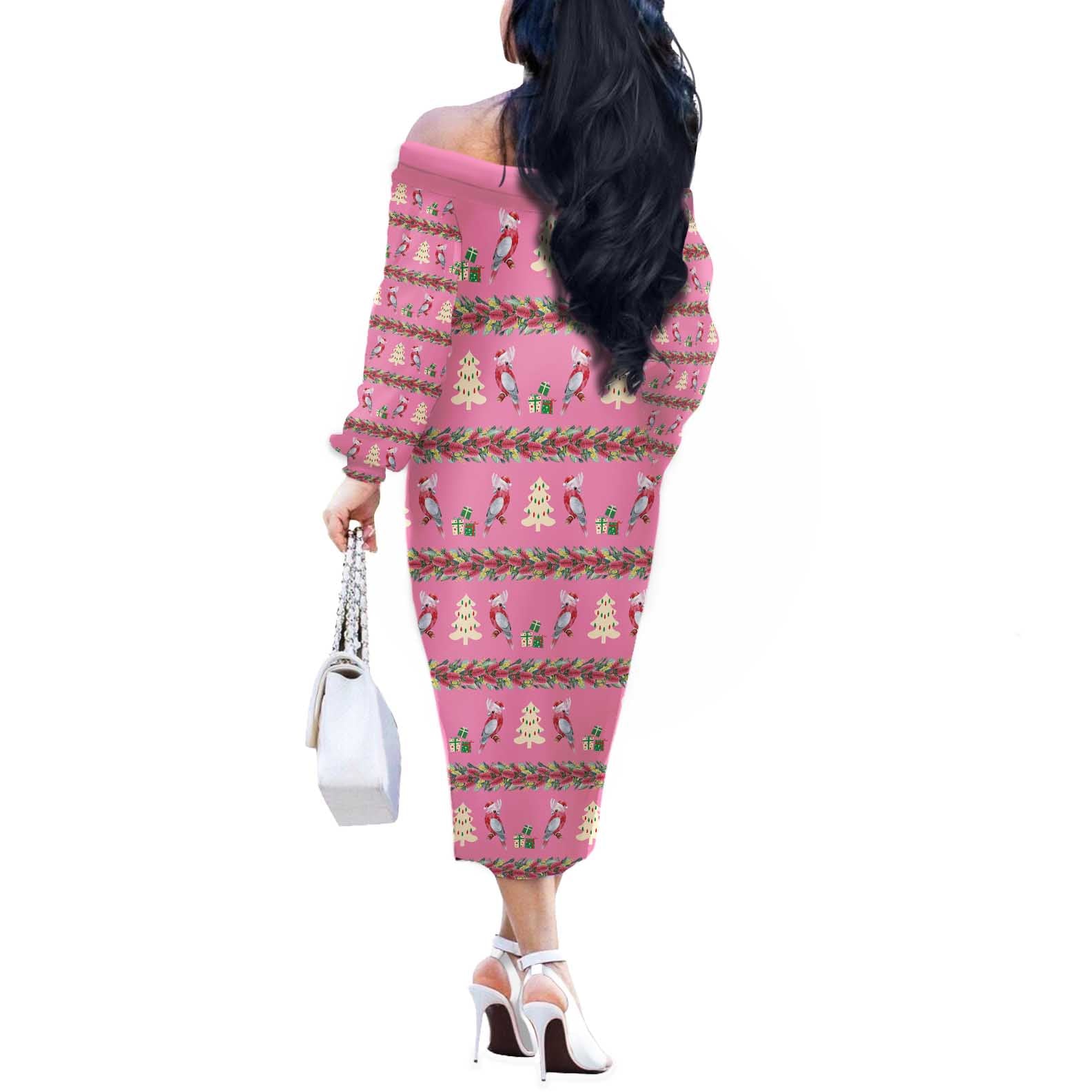 Australia Pink Galah Christmas Off The Shoulder Long Sleeve Dress Eolophus Roseicapilla Bottlebrush Seamless - Aussie Hoodie