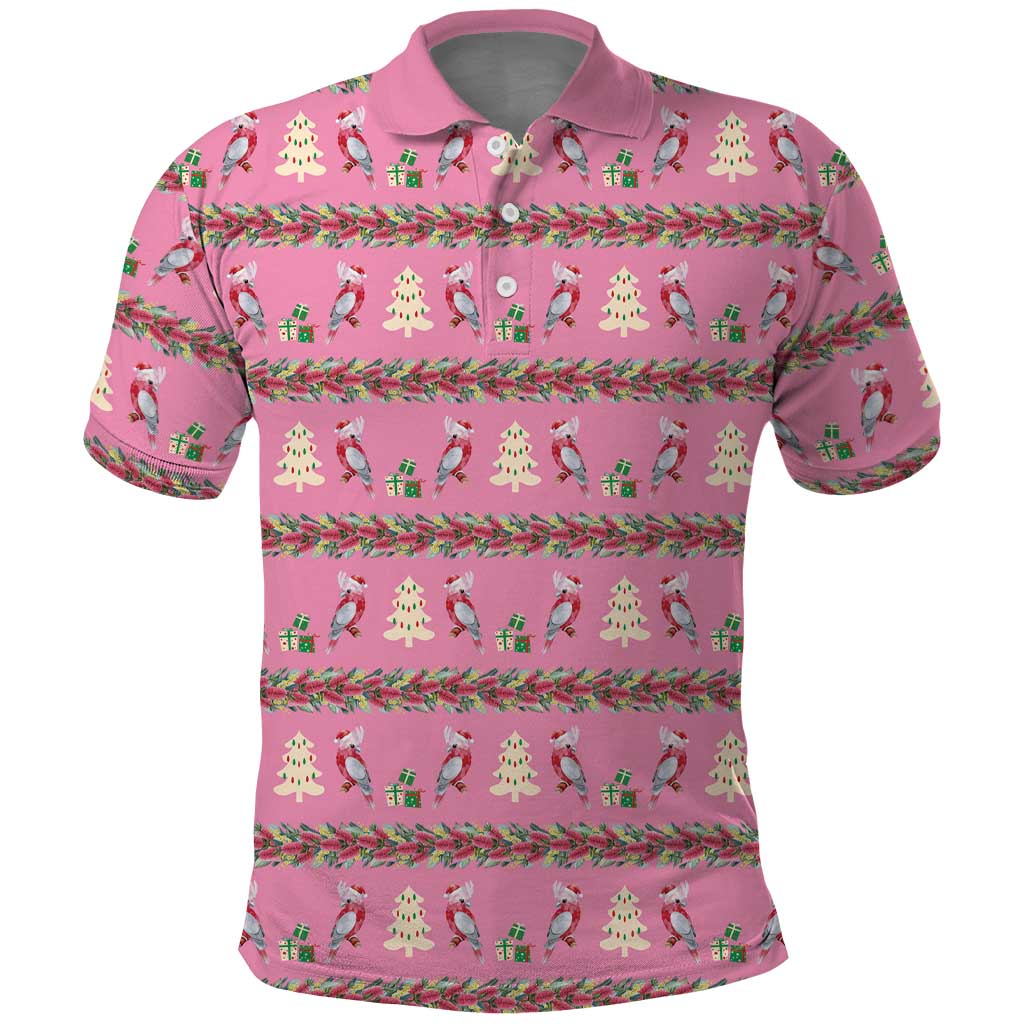 Australia Pink Galah Christmas Polo Shirt Eolophus Roseicapilla Bottlebrush Seamless - Aussie Hoodie