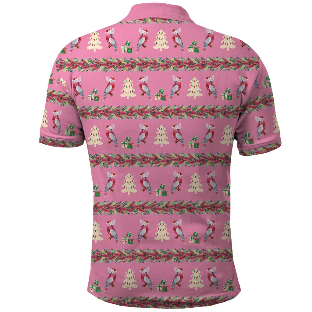 Australia Pink Galah Christmas Polo Shirt Eolophus Roseicapilla Bottlebrush Seamless - Aussie Hoodie