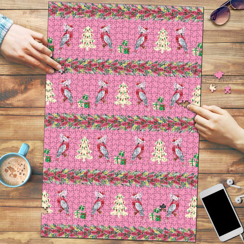 Australia Pink Galah Christmas Puzzle Eolophus Roseicapilla Bottlebrush Seamless - Aussie Hoodie