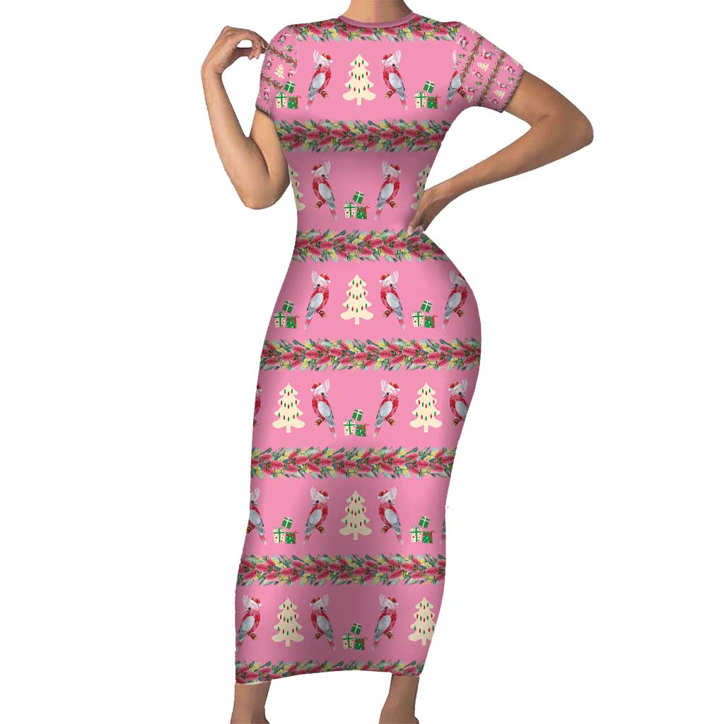 Australia Pink Galah Christmas Short Sleeve Bodycon Dress Eolophus Roseicapilla Bottlebrush Seamless - Aussie Hoodie