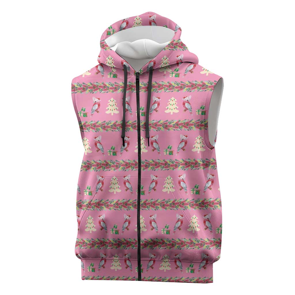 Australia Pink Galah Christmas Sleeveless Zip Hoodie Eolophus Roseicapilla Bottlebrush Seamless LT14